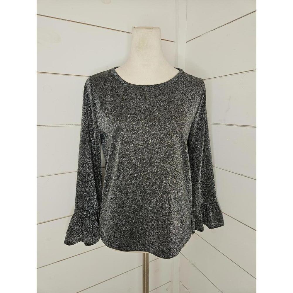 J Crew medium silver shimmery stretchy top with bell sleeves